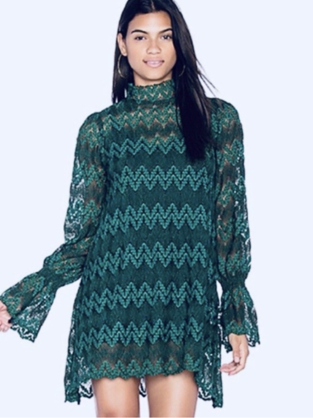 NWT Sz XS Free People Green Lace Mock Neck Simone Mini Long Sleeve Dress w/Slip